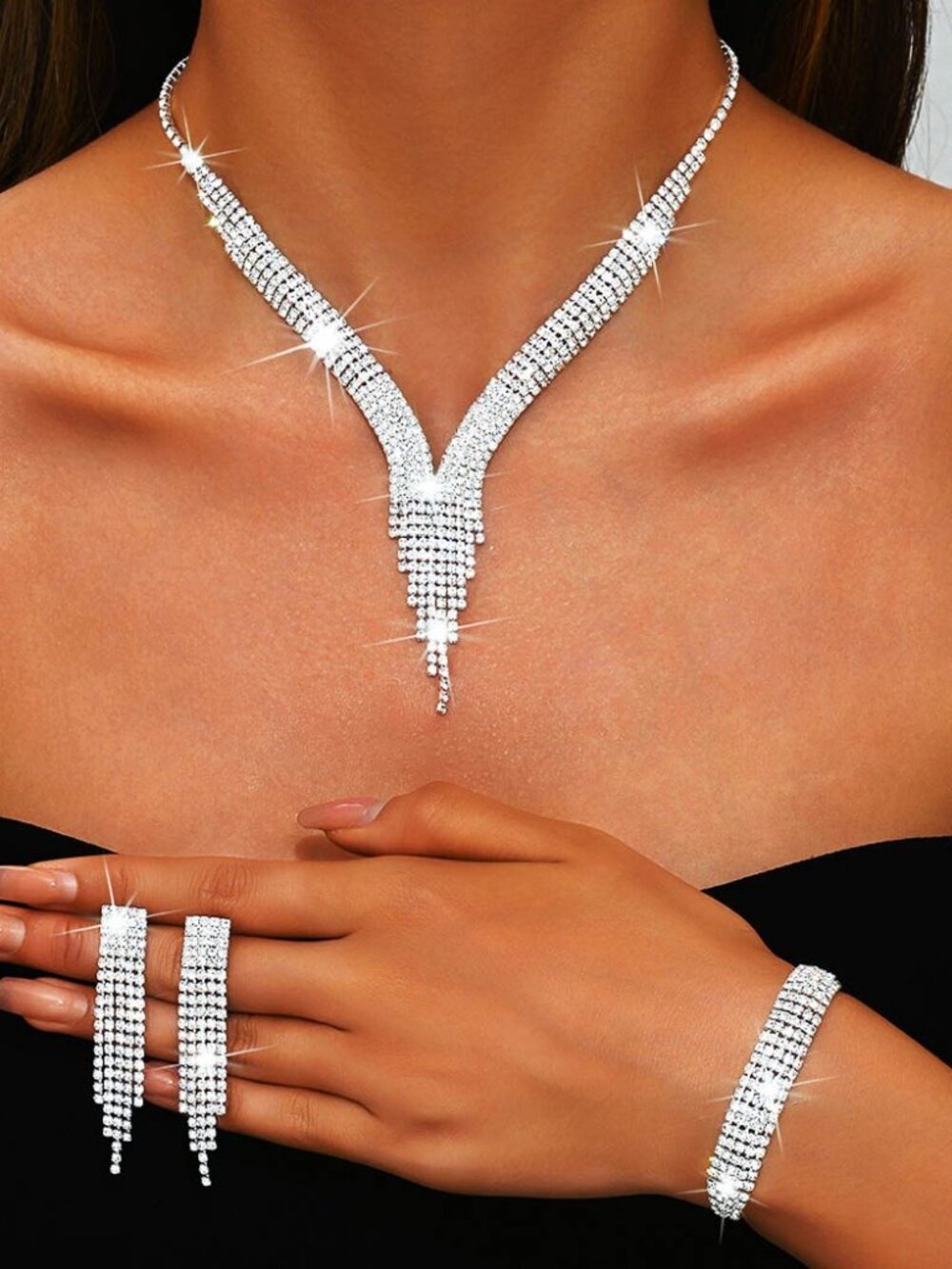 Rhinestone Bridal Necklace Earrings Sparkly Jewelry Set Prom Wedding Party